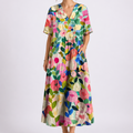 Women's Floral Midi Dress with V-Neck and Short Sleeves