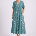 Women's Floral Midi Dress with V-Neck and Short Sleeves