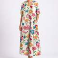 Women's Floral Midi Dress with V-Neck and Short Sleeves