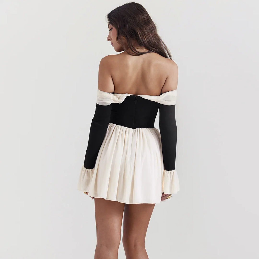 Black Off-Shoulder Bow Long Sleeve Mini Dress