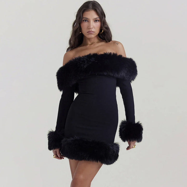 Black Off-Shoulder Fur Trim Backless Mini Dress