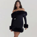 Black Off-Shoulder Fur Trim Backless Mini Dress
