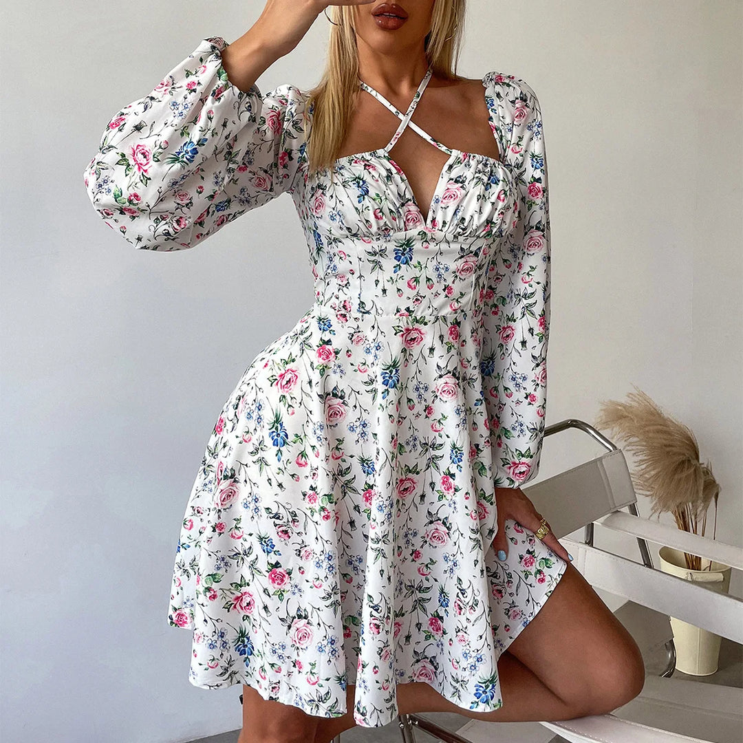 Floral Wedding Guest Long Sleeve A-Line Mini Dress