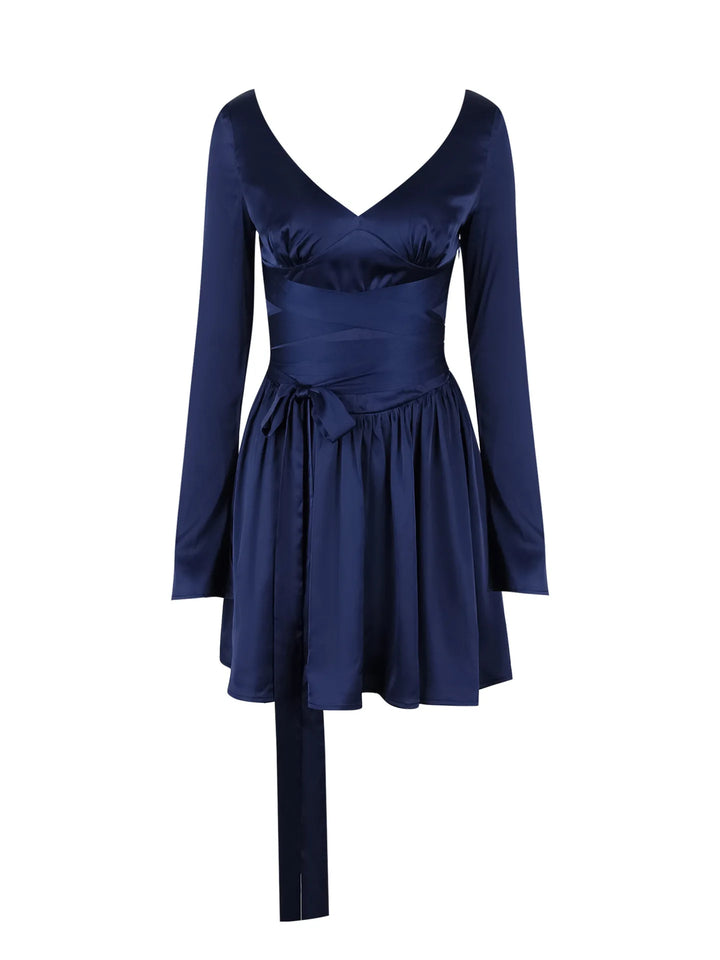 Navy Satin Long Sleeve A-Line Mini Dress