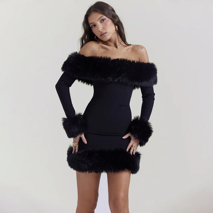 Black Off-Shoulder Fur Trim Backless Mini Dress