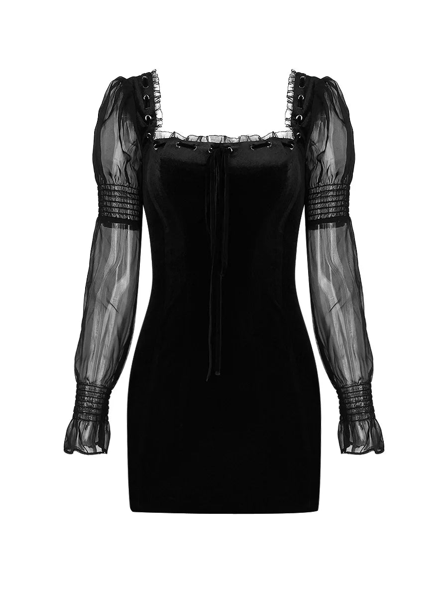 Black Velvet Long Sleeve Ruffled Mini Dress