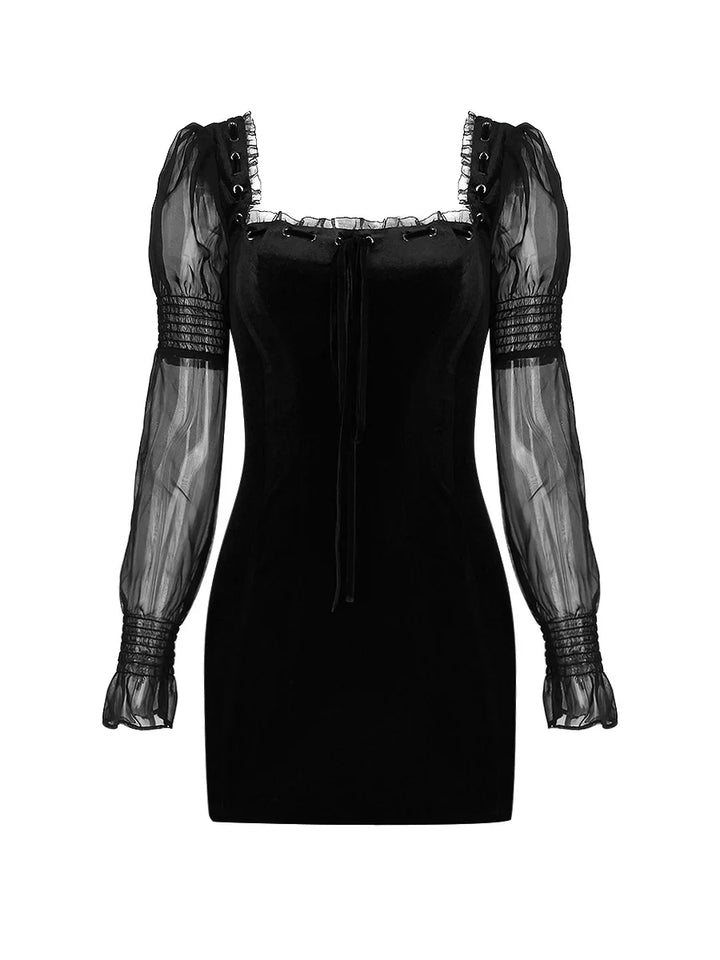 Black Velvet Long Sleeve Ruffled Mini Dress