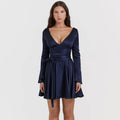 Navy Satin Long Sleeve A-Line Mini Dress