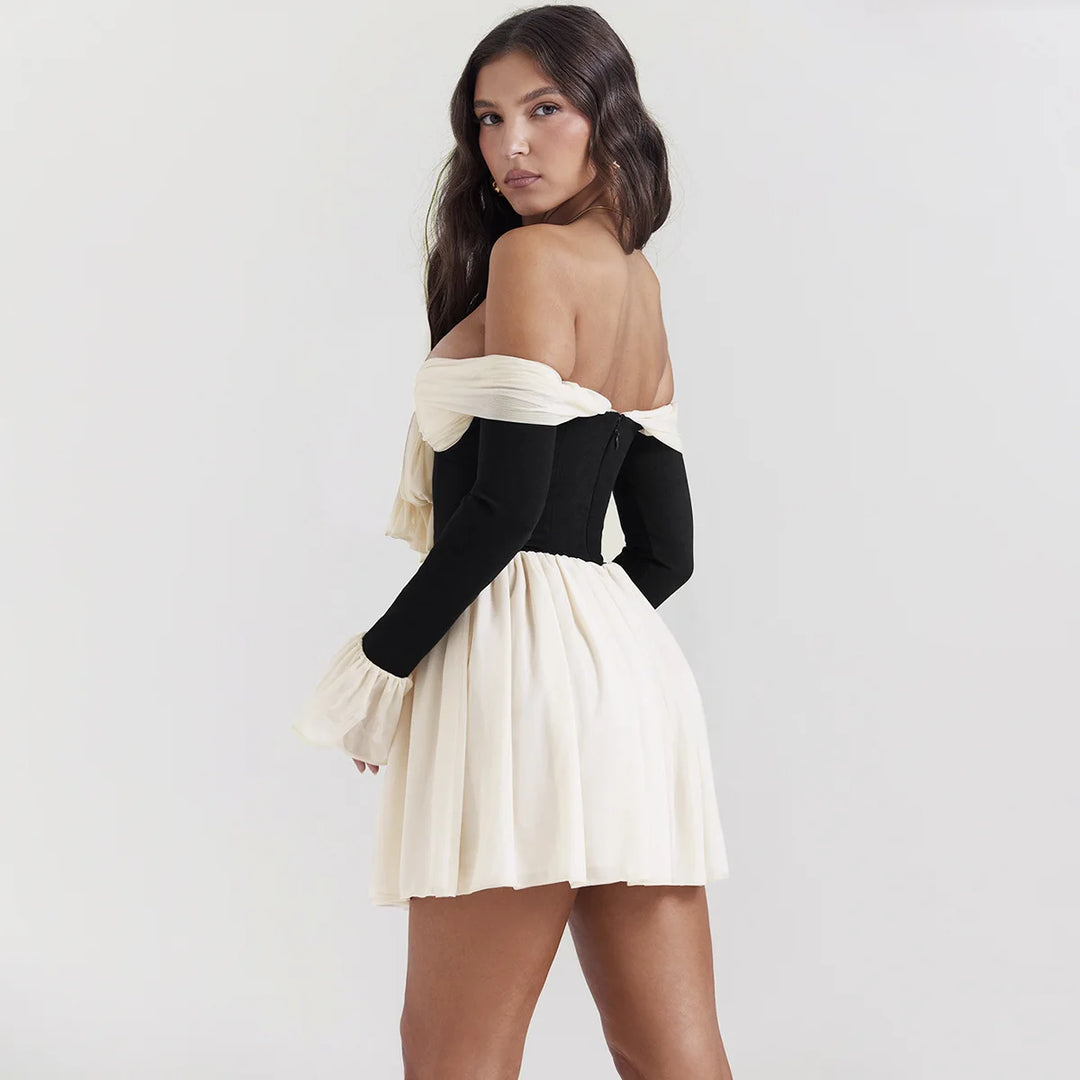 Black Off-Shoulder Bow Long Sleeve Mini Dress