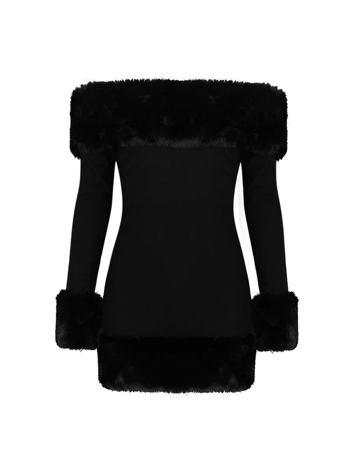 Black Off-Shoulder Fur Trim Backless Mini Dress
