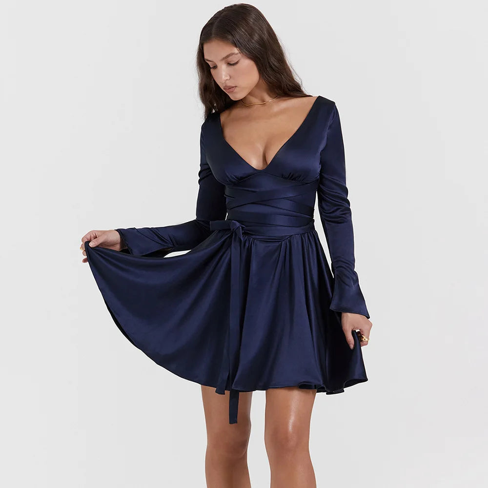 Navy Satin Long Sleeve A-Line Mini Dress