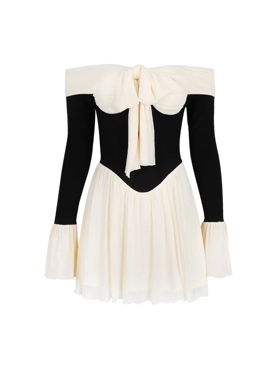 Black Off-Shoulder Bow Long Sleeve Mini Dress
