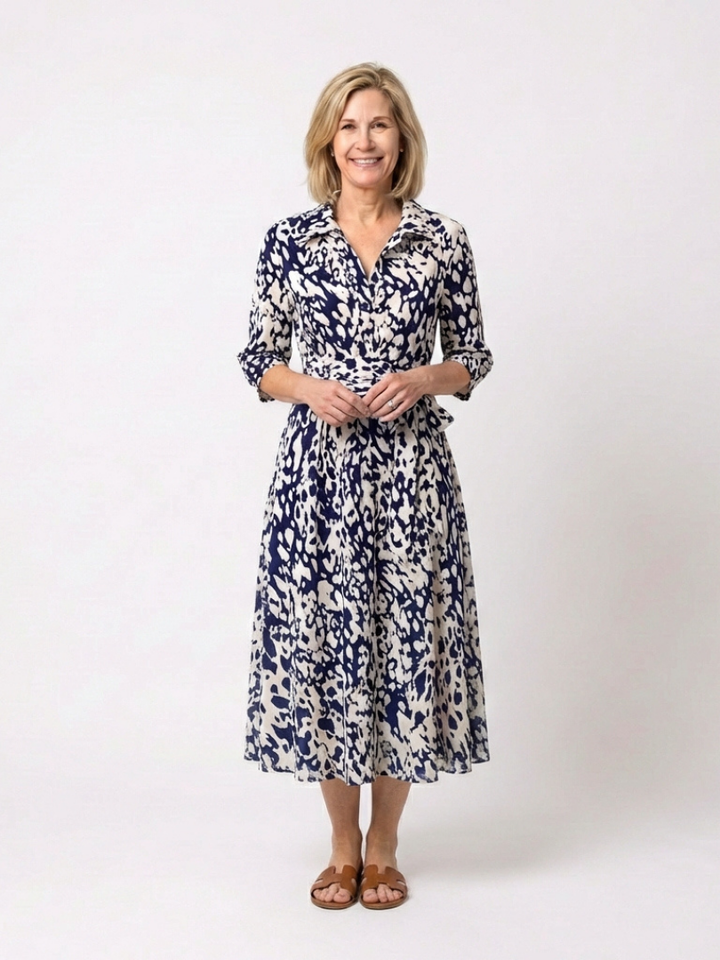 Collared Long Sleeve Waist Tie Midi Dress