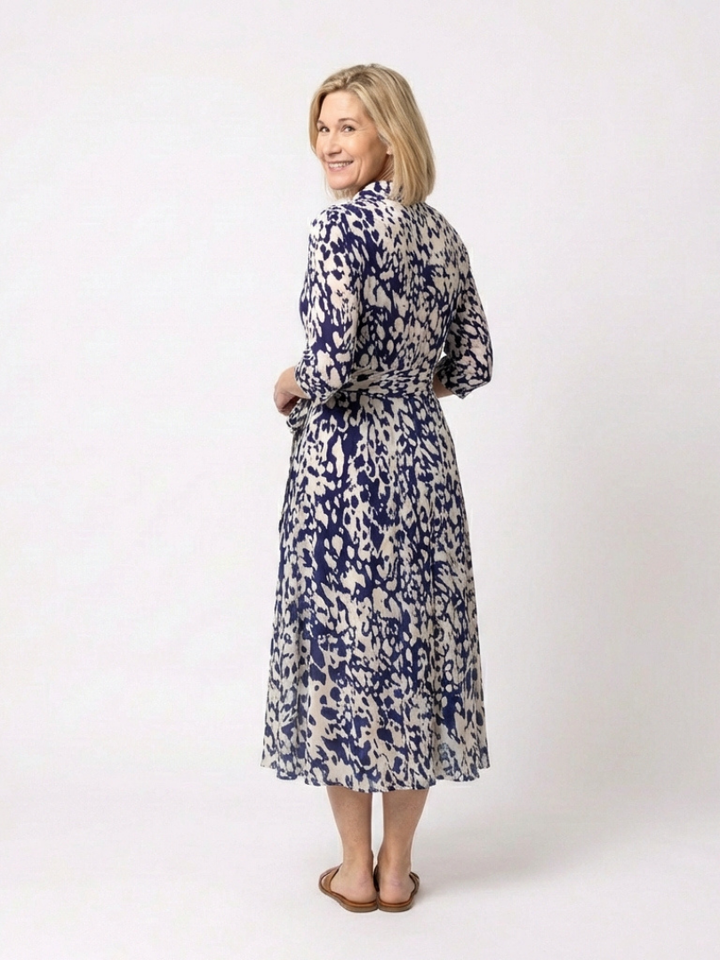 Collared Long Sleeve Waist Tie Midi Dress