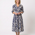 Collared Long Sleeve Waist Tie Midi Dress
