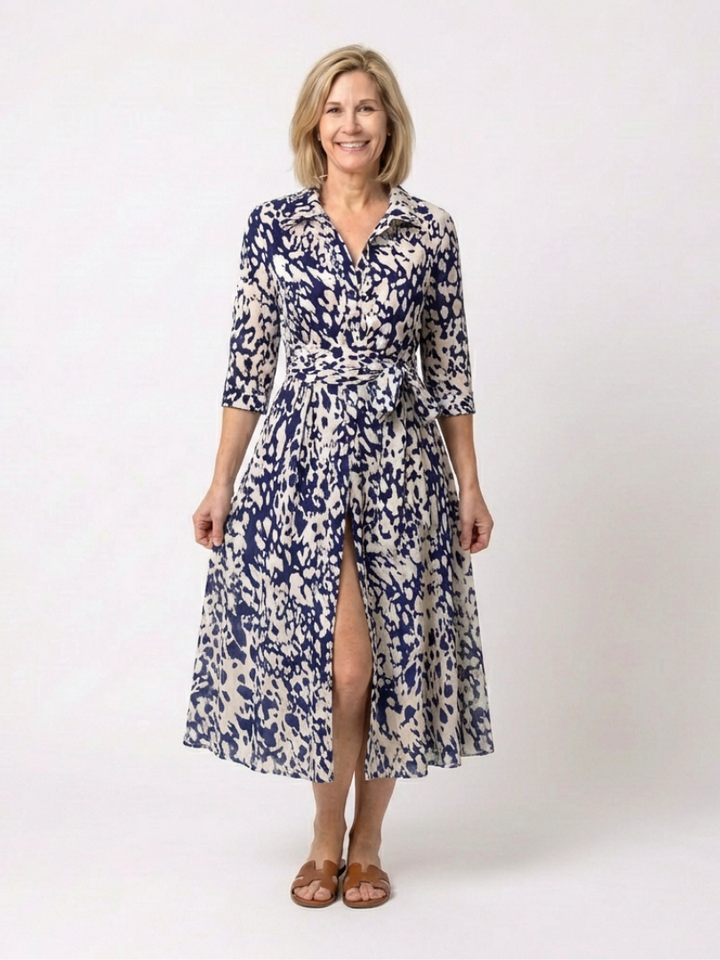 Collared Long Sleeve Waist Tie Midi Dress