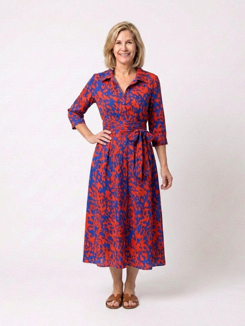 Collared Long Sleeve Waist Tie Midi Dress