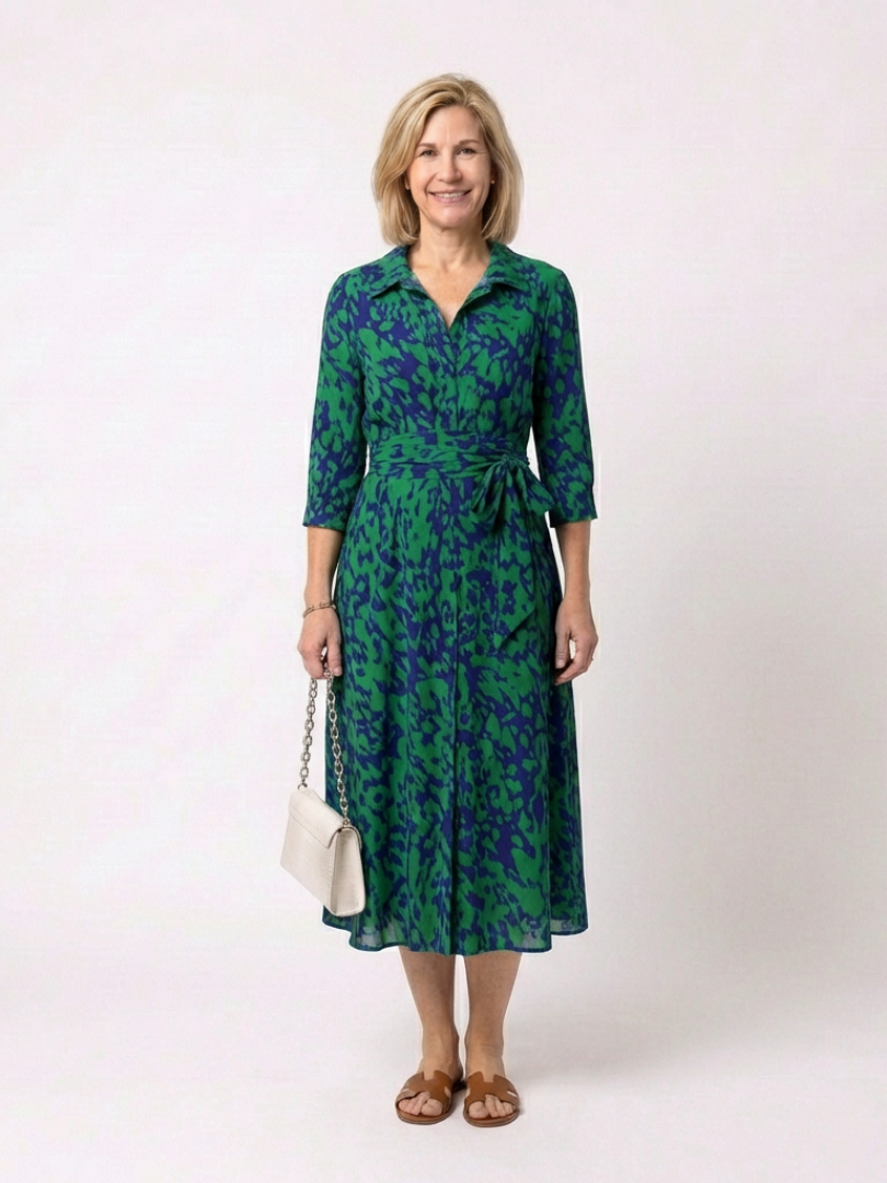 Collared Long Sleeve Waist Tie Midi Dress