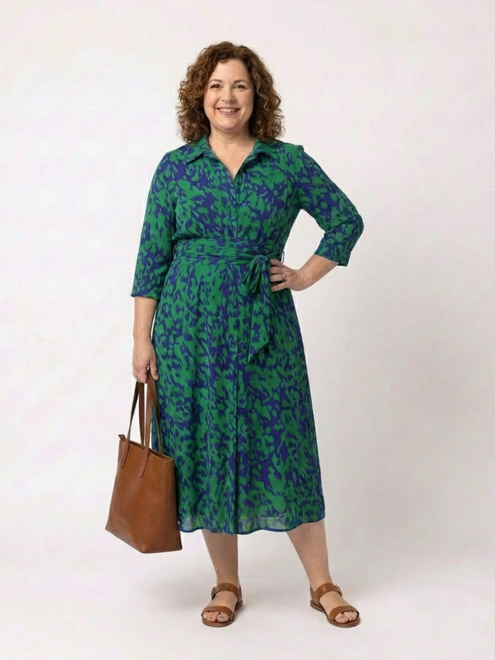 Collared Long Sleeve Waist Tie Midi Dress
