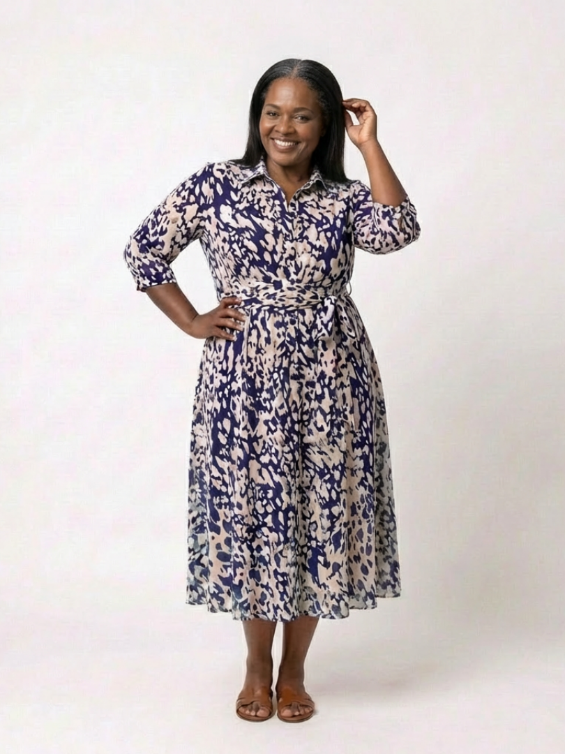 Collared Long Sleeve Waist Tie Midi Dress