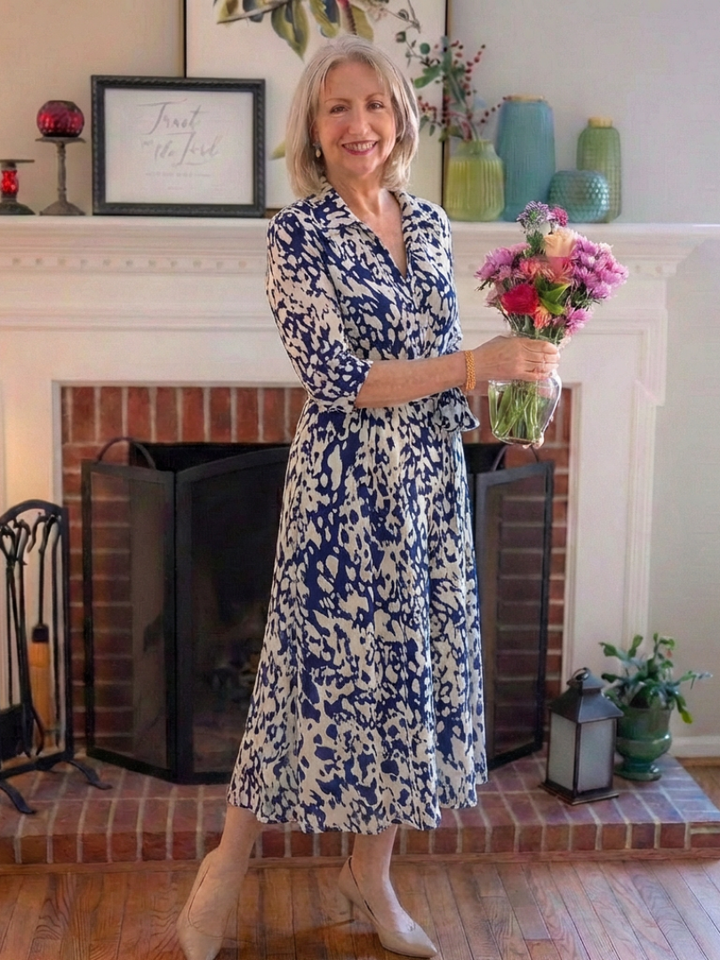 Collared Long Sleeve Waist Tie Midi Dress