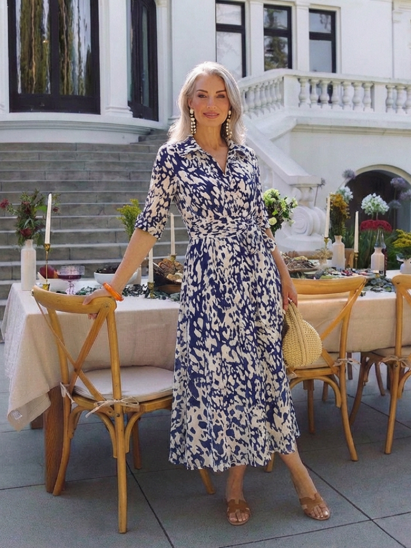 Collared Long Sleeve Waist Tie Midi Dress