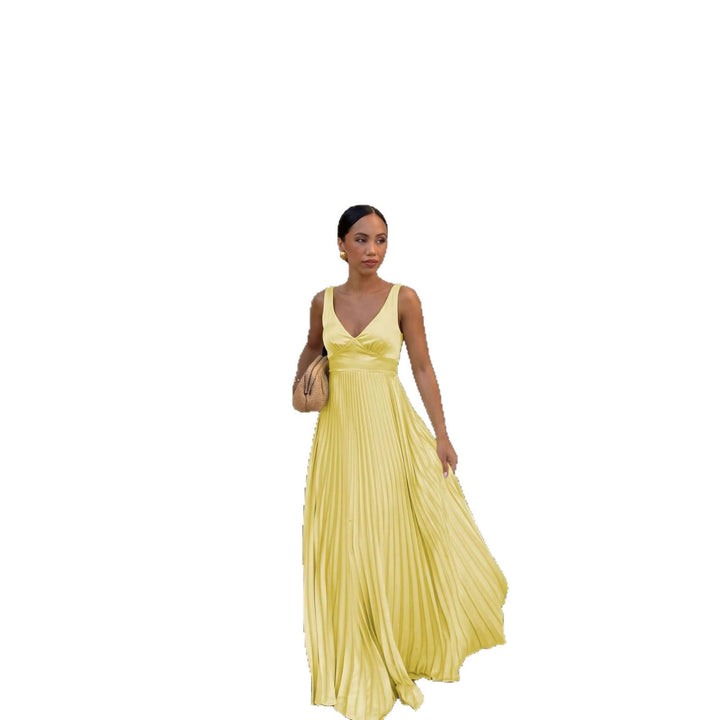 Formal Wedding Guest Pleated Maxi Dress with V-Neck for Women