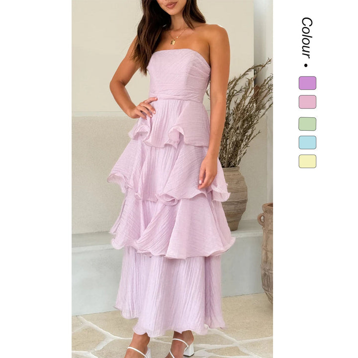 Formal Wedding Guest Strapless Tiered Maxi Dress with Ruffles for Women