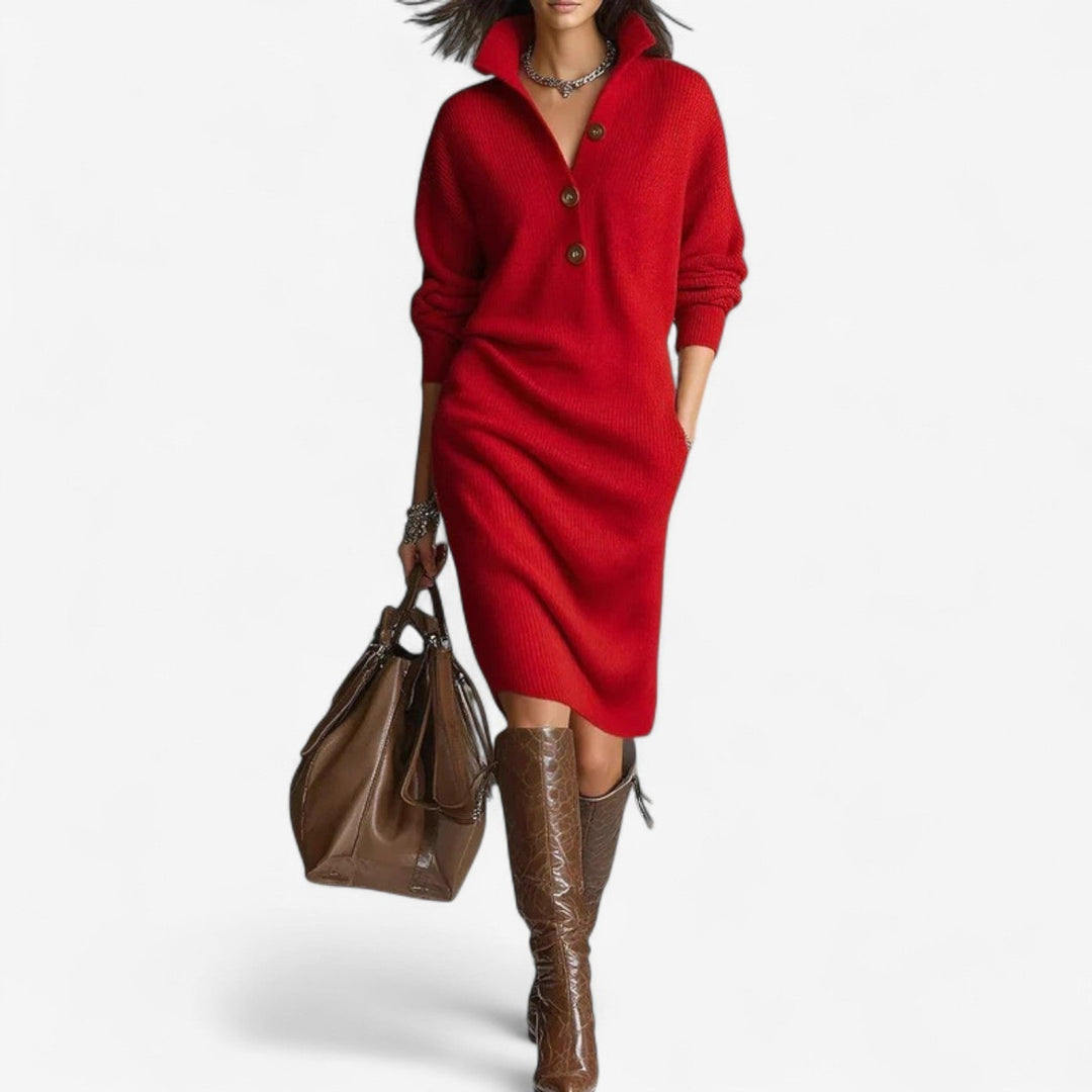 Women's Sweater Dress | Midi Knit Collared Button Closure