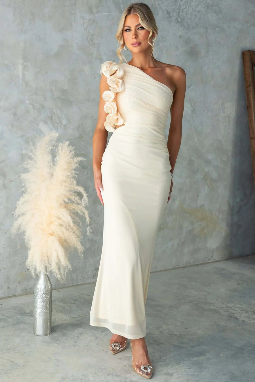Formal Wedding Guest One-Shoulder Maxi Dress with Ruffles for Women