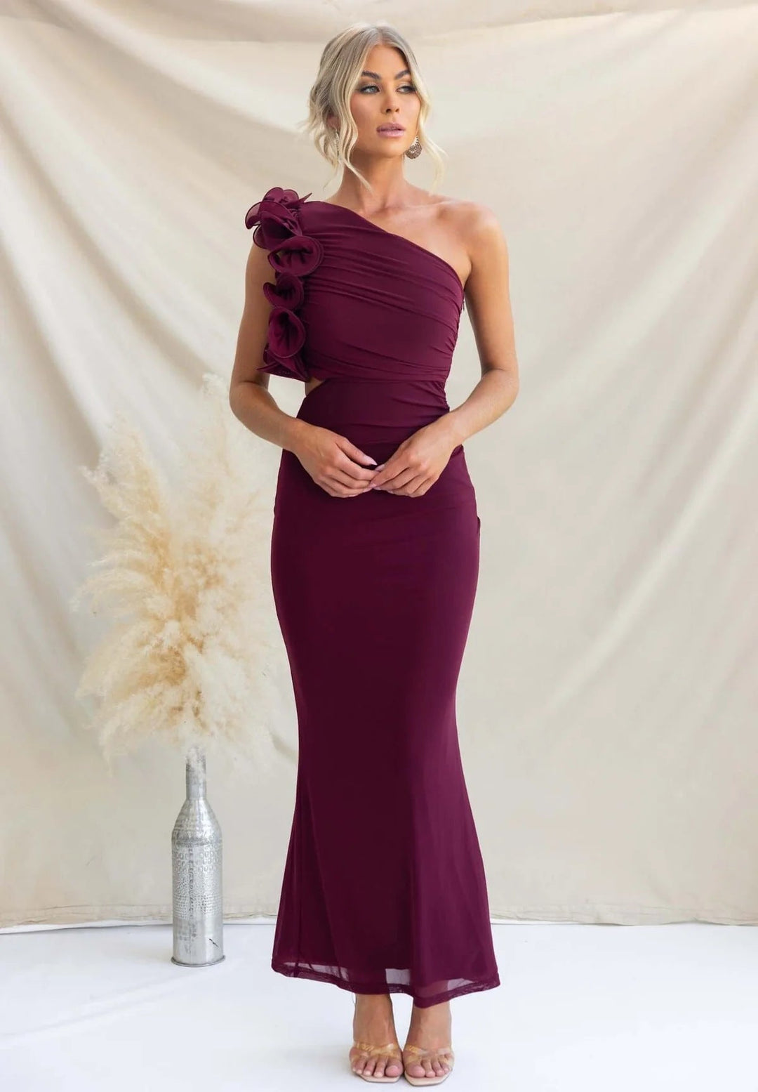 Formal Wedding Guest One-Shoulder Maxi Dress with Ruffles for Women