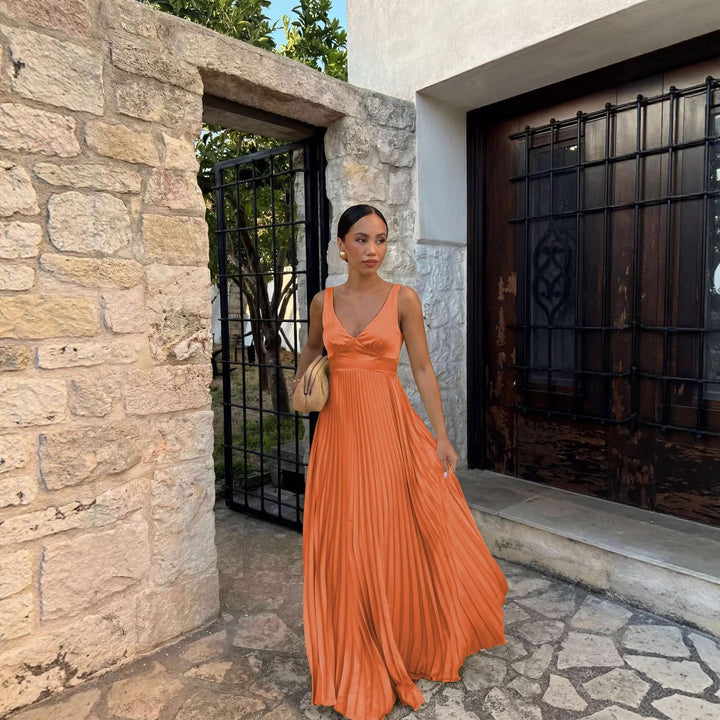 Formal Wedding Guest Pleated Maxi Dress with V-Neck for Women