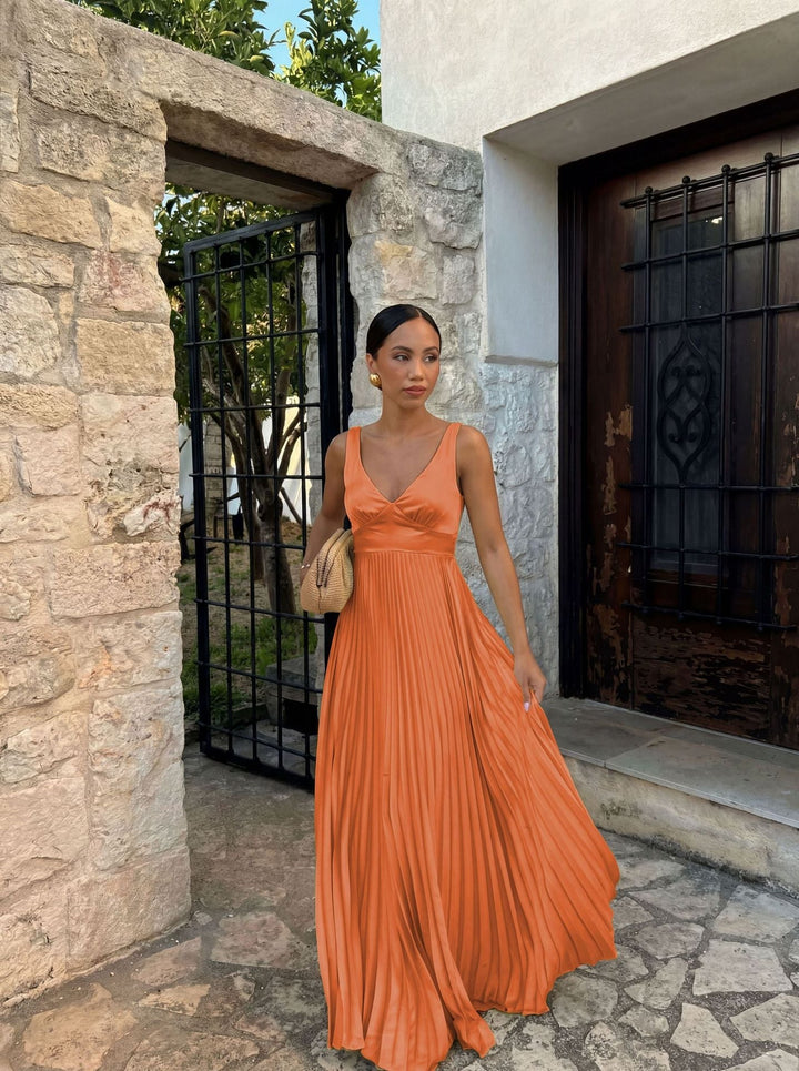 Formal Wedding Guest Pleated Maxi Dress with V-Neck for Women