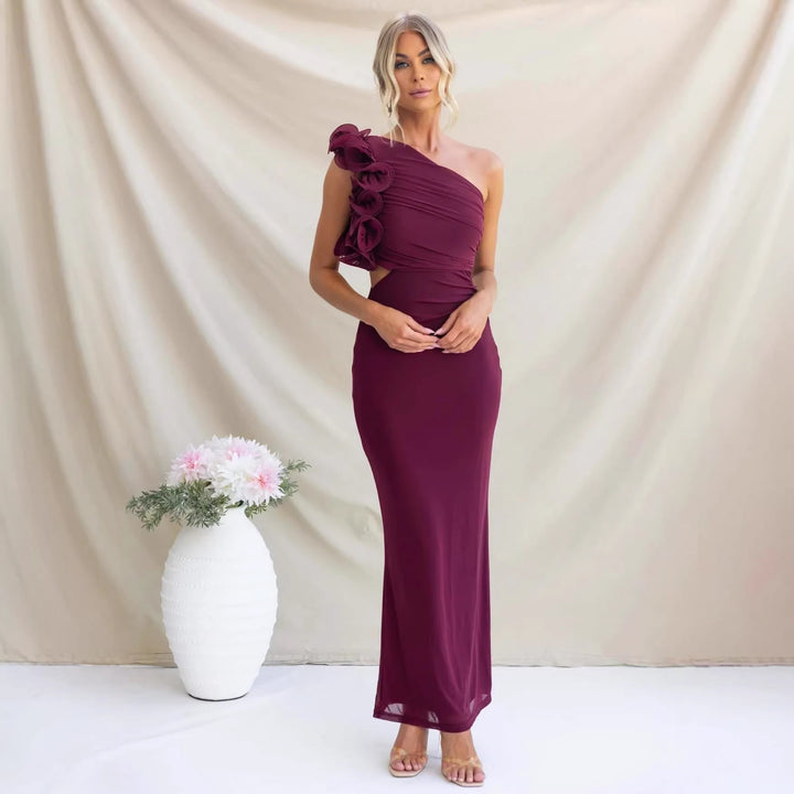 Formal Wedding Guest One-Shoulder Maxi Dress with Ruffles for Women