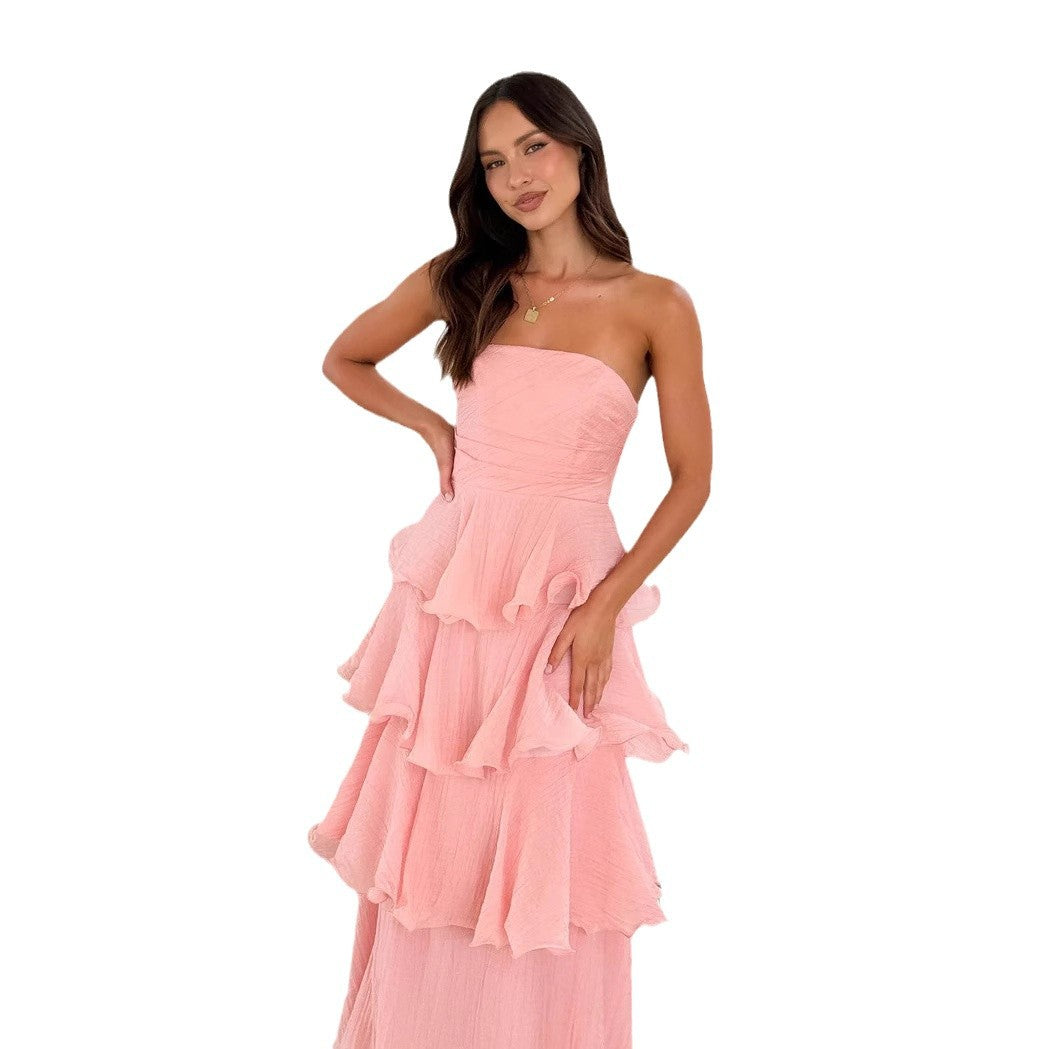 Formal Wedding Guest Strapless Tiered Maxi Dress with Ruffles for Women