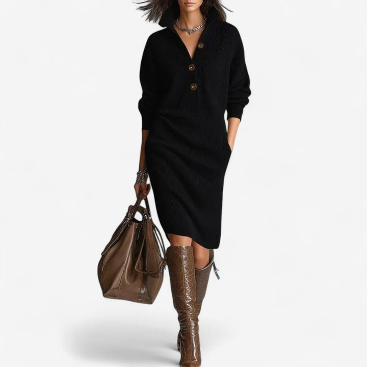Women's Sweater Dress | Midi Knit Collared Button Closure