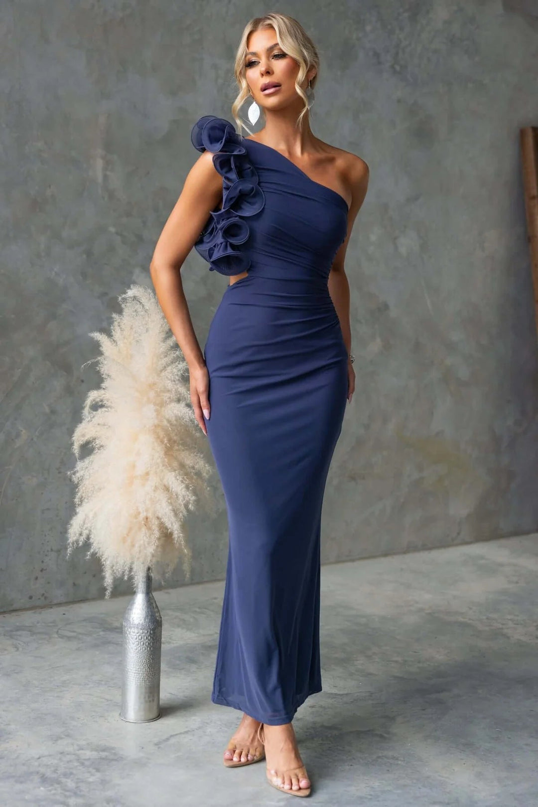 Formal Wedding Guest One-Shoulder Maxi Dress with Ruffles for Women