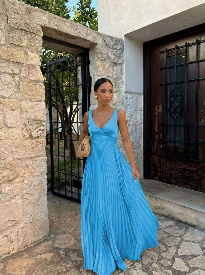 Formal Wedding Guest Pleated Maxi Dress with V-Neck for Women