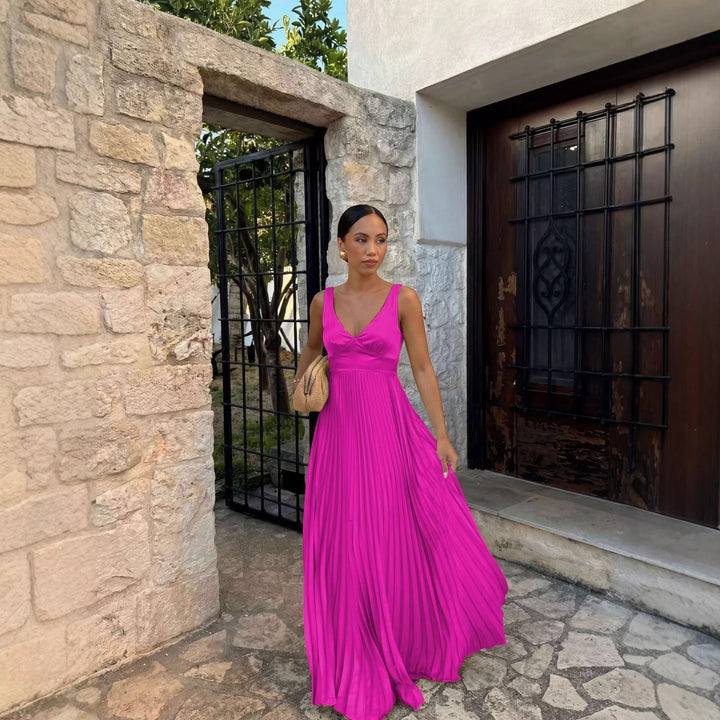 Formal Wedding Guest Pleated Maxi Dress with V-Neck for Women