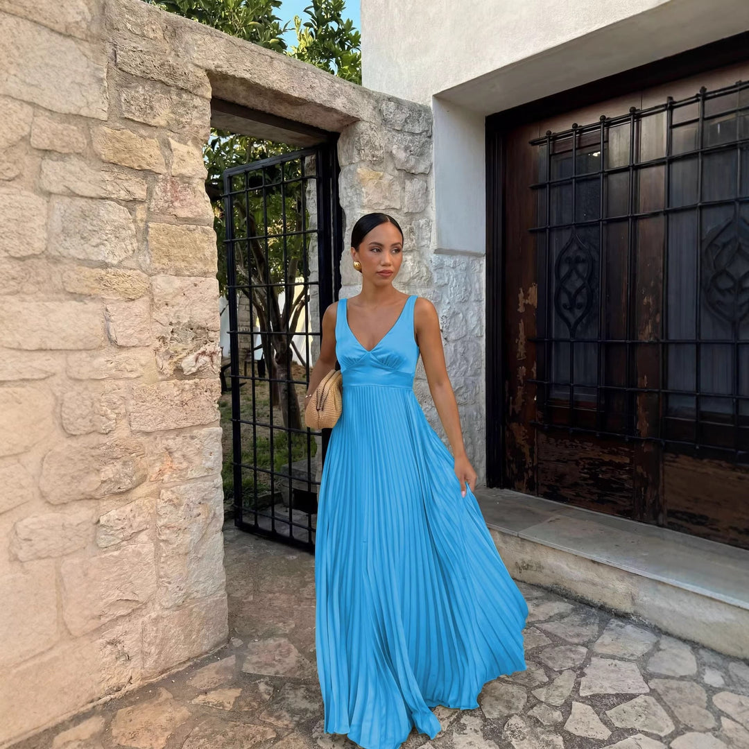 Formal Wedding Guest Pleated Maxi Dress with V-Neck for Women