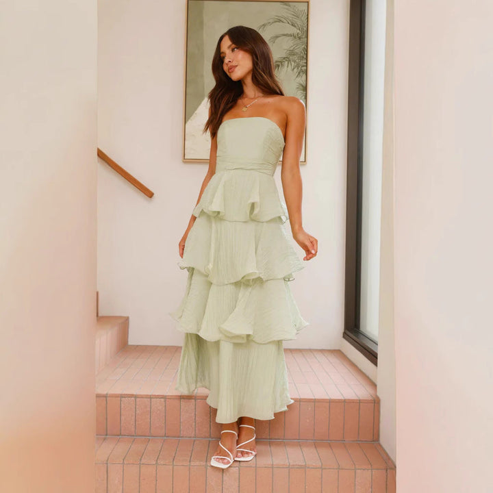 Formal Wedding Guest Strapless Tiered Maxi Dress with Ruffles for Women