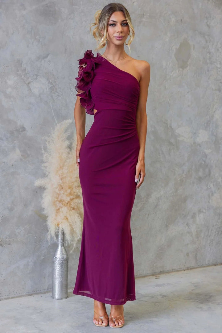 Formal Wedding Guest One-Shoulder Maxi Dress with Ruffles for Women