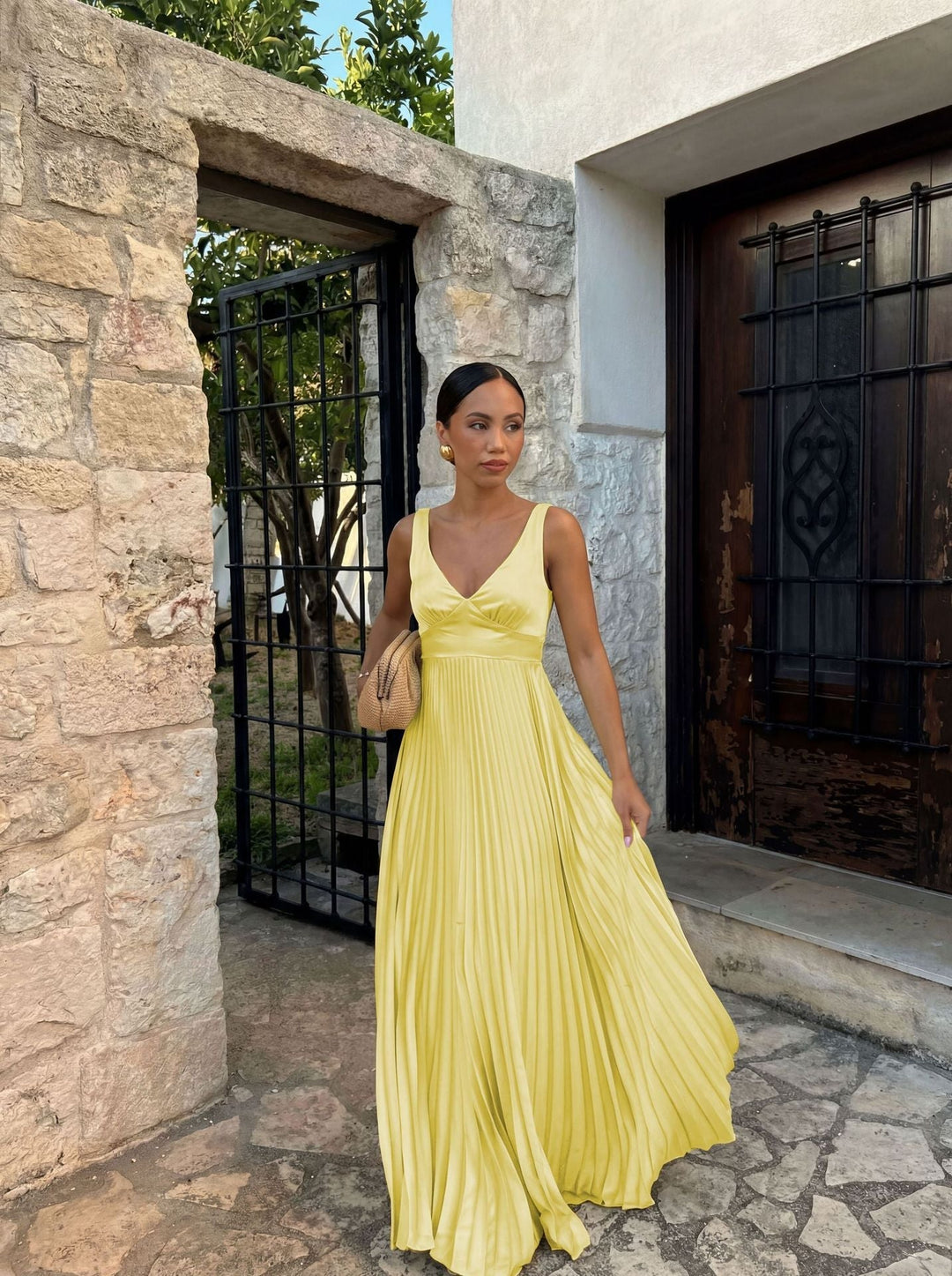 Formal Wedding Guest Pleated Maxi Dress with V-Neck for Women