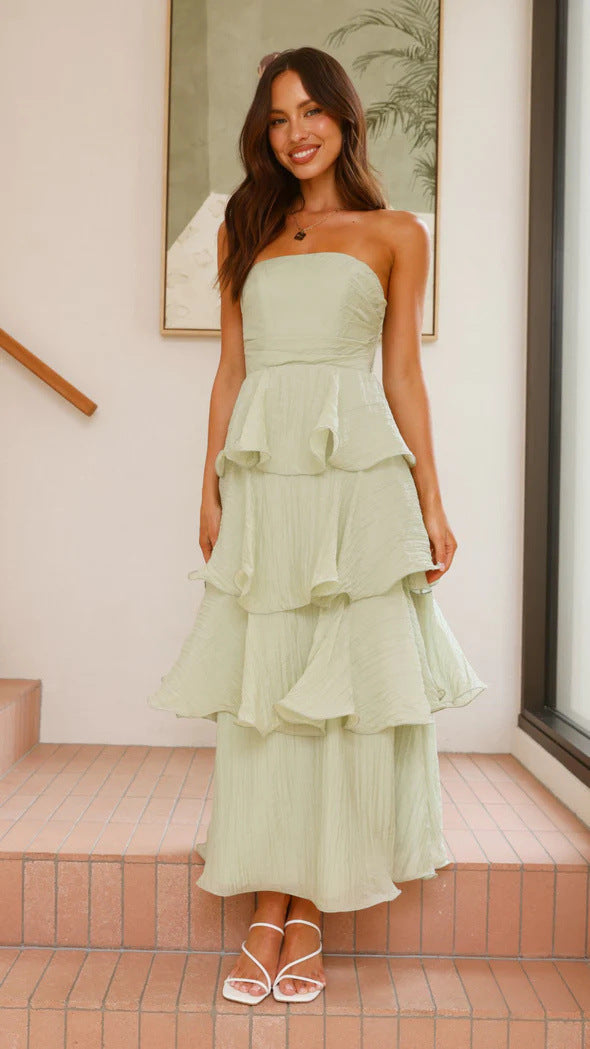 Formal Wedding Guest Strapless Tiered Maxi Dress with Ruffles for Women
