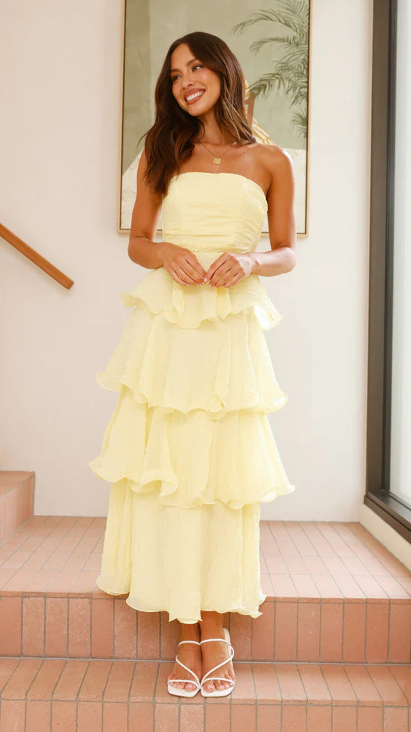 Formal Wedding Guest Strapless Tiered Maxi Dress with Ruffles for Women