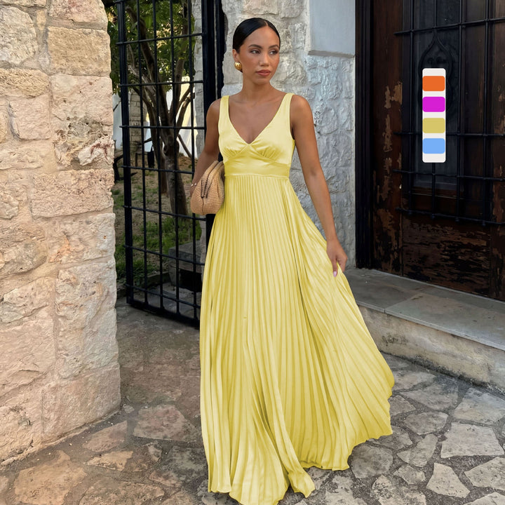 Formal Wedding Guest Pleated Maxi Dress with V-Neck for Women