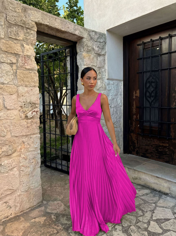 Formal Wedding Guest Pleated Maxi Dress with V-Neck for Women
