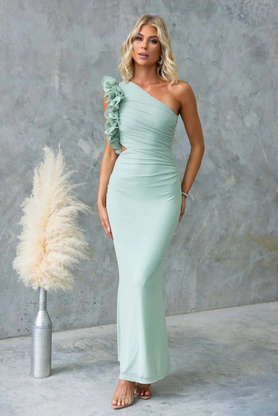 Formal Wedding Guest One-Shoulder Maxi Dress with Ruffles for Women