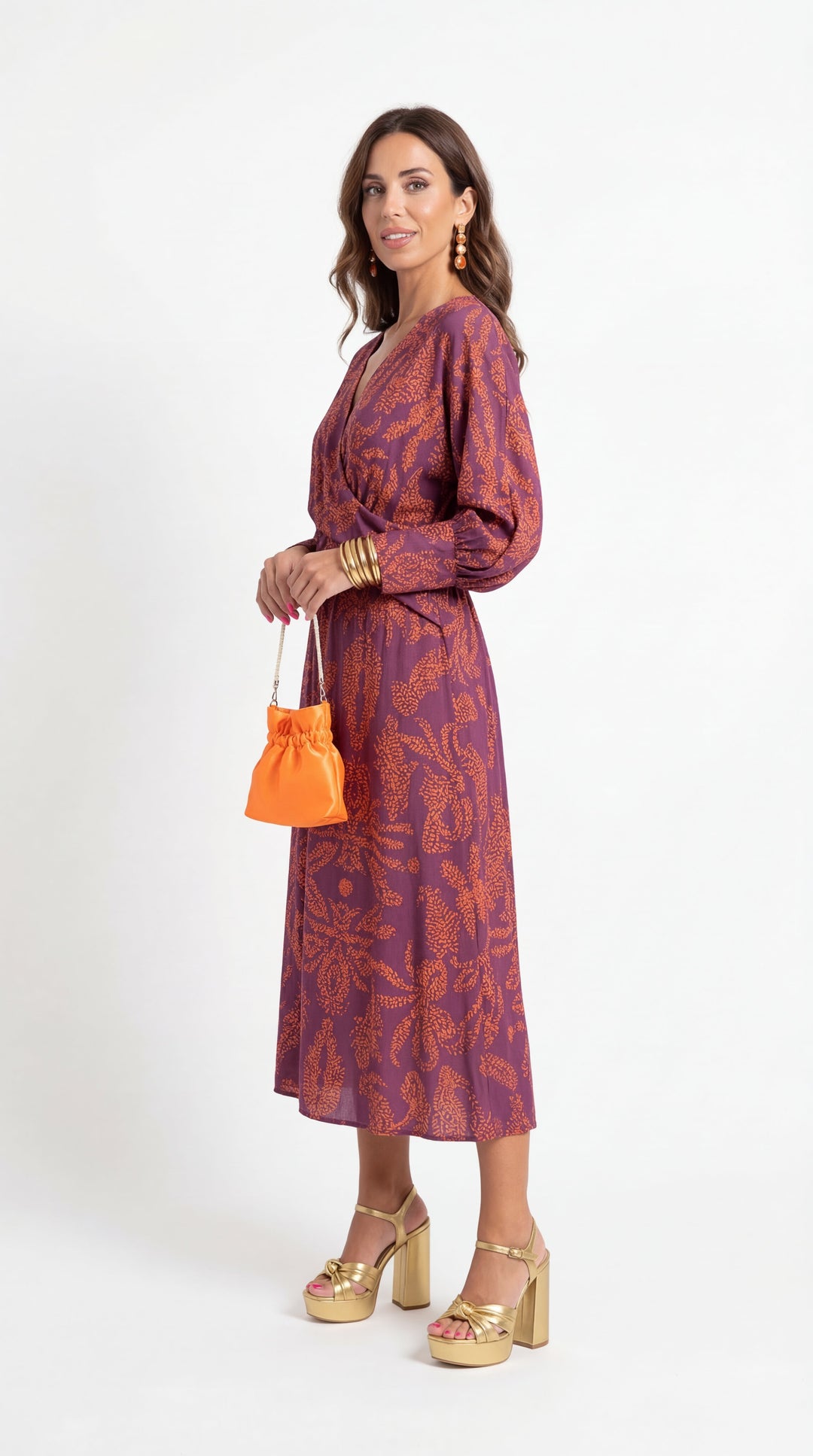 Women's Wedding Guest Dress | Midi V-Neck Long Sleeve Printed