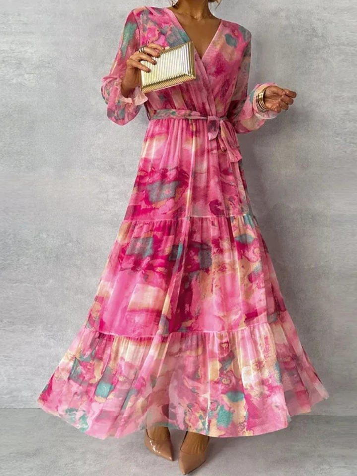 Women's Wedding Guest Dress | Maxi Floral V-Neck Long Sleeve Tiered